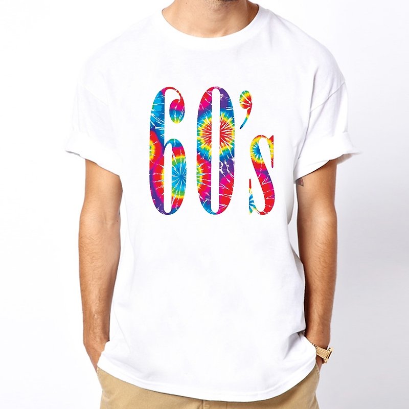 60s-Tie Dye 半袖Tシャツ ホワイト 60年代手染め エスニック ヒッピー デザイン ウッドストック ロック - Tシャツ メンズ - コットン・麻 ホワイト