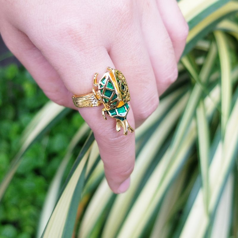 犀牛甲蟲黃銅戒指 - 綠色 - 戒指 - 其他金屬 綠色