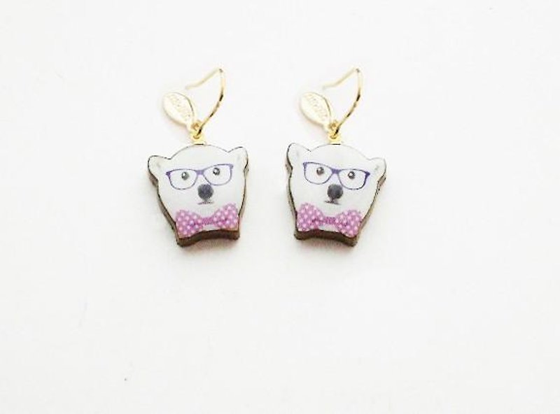 Glasses Shirokuma earrings / wooden earrings - Earrings & Clip-ons - Wood White