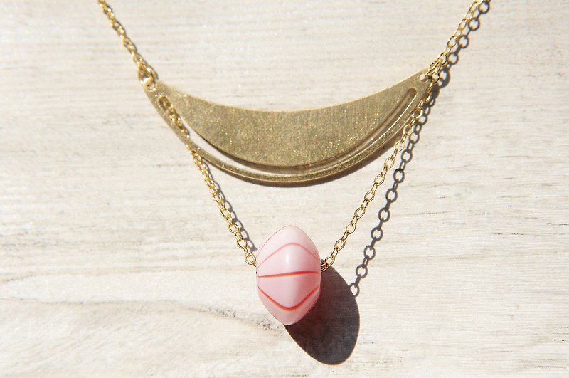 Valentine / geometric wind / mouth blown glass stripes French Bronze clavicle short chain necklace long chain - curved moon - Long Necklaces - Glass Multicolor