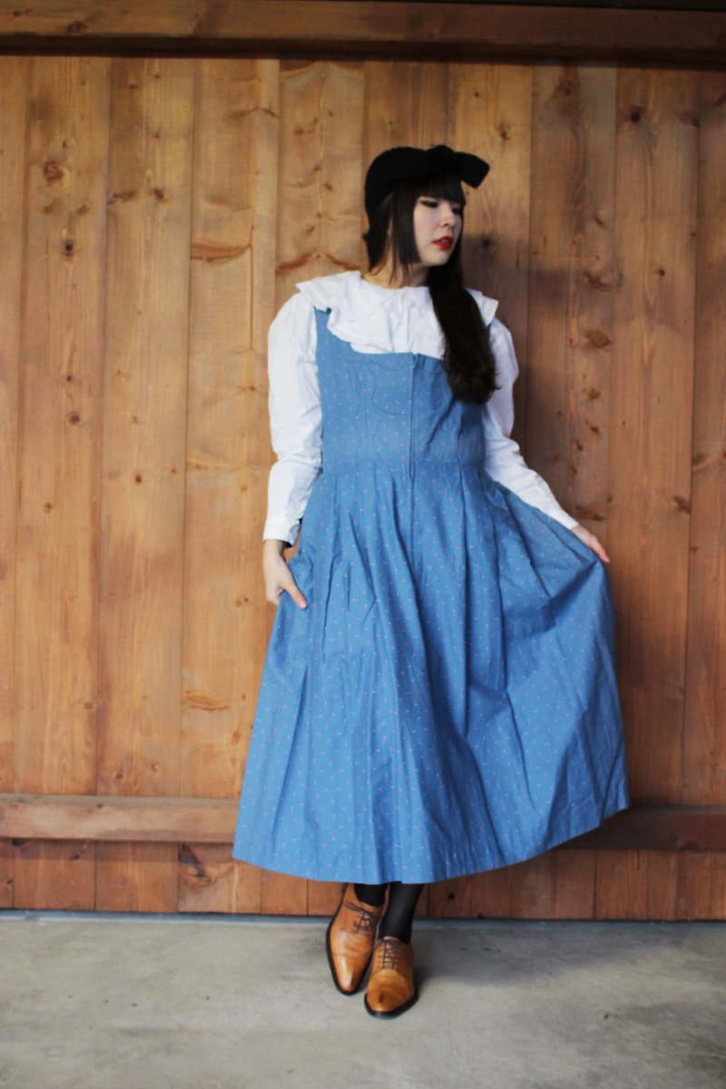 F854(Vintage)淺藍色小碎花棉質背心洋裝(奧地利傳統Dirndl) - 洋裝/連身裙 - 其他材質 藍色