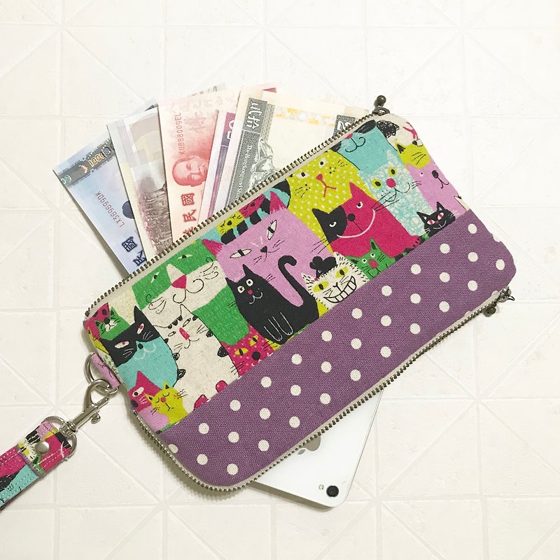 貓咪  手機包及錢包2用收納袋   手機袋-- (客製) 08035 - 其他 - 棉．麻 紫色