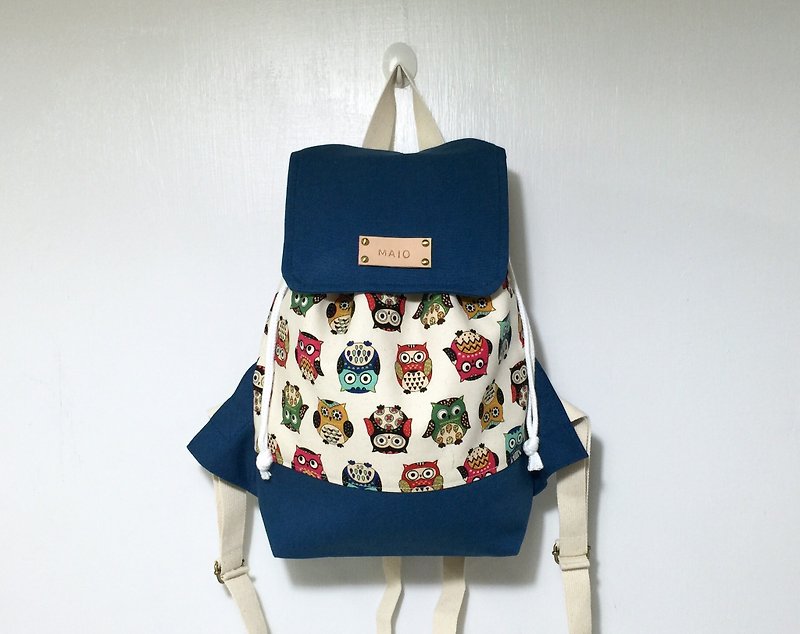 Color owl meets blue backpack / gift free printed name leather superscript - Backpacks - Other Materials Blue