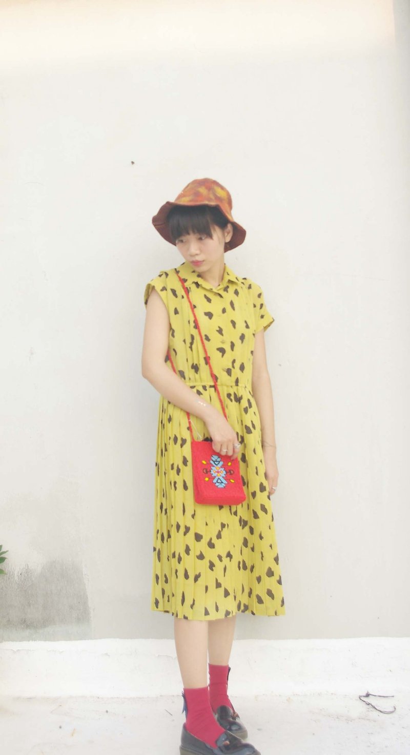 4.5studio- Japan Kanghui Shimokitazawa vintage - Kusama pumpkin yellow lines retro long dress - One Piece Dresses - Other Materials Yellow