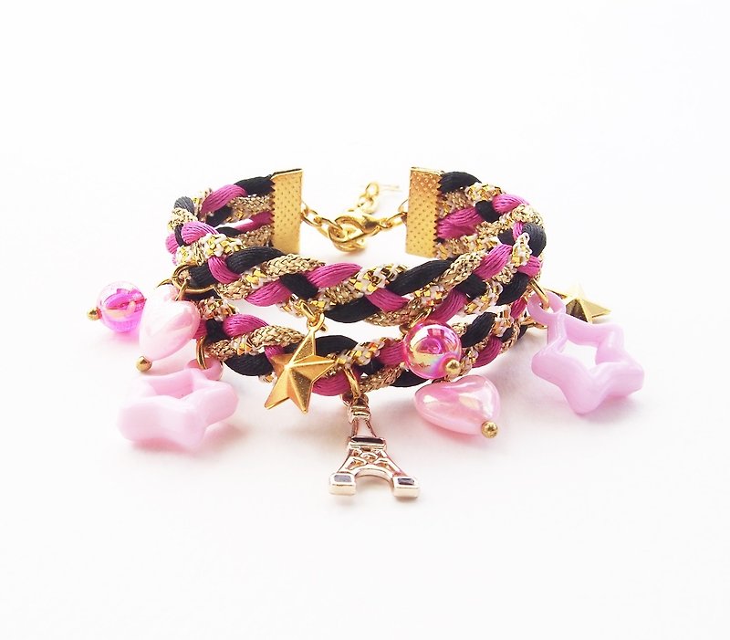 Kawaii bracelet - Effel jewelry - kawaii accessories - pastel jewelry - pink braided bracelet - woven bracelet - wrap bracelet. - 手鍊/手鐲 - 其他材質 粉紅色