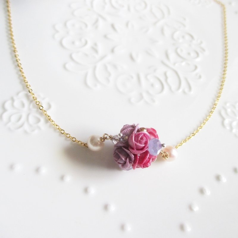 [La Vie En Rose. Blessing] aristocracy purple. Pinching flowers handmade roses. Flowers ball. Brass short necklace - สร้อยคอ - วัสดุอื่นๆ สีม่วง