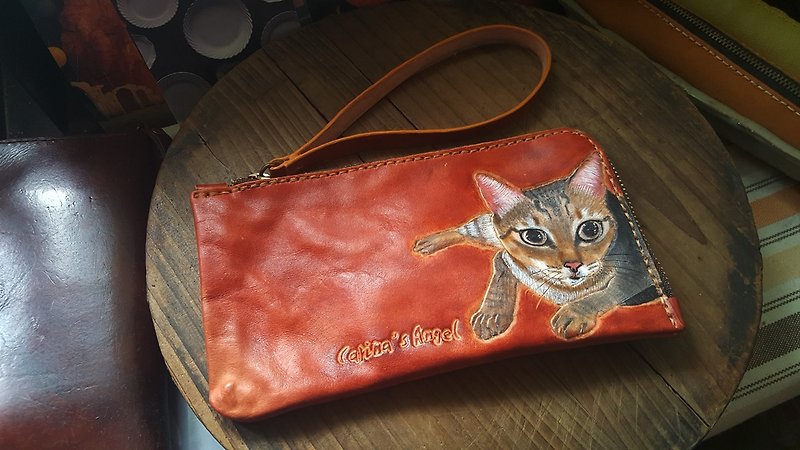 Customized Cat/Dog Double-sided Dark Brown L-shaped Pure Leather Zipper Long Clip-(Lover, Birthday Gift) - กระเป๋าสตางค์ - หนังแท้ สีทอง