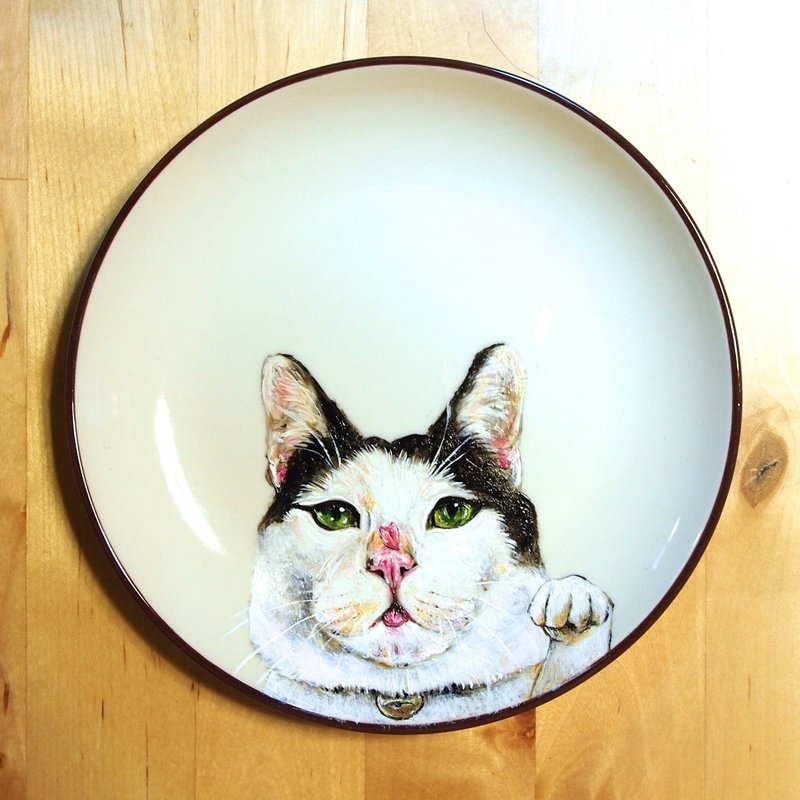 Wall-mounted decorative plate / snack plate series - cherry lucky meow - จานเล็ก - เครื่องลายคราม 