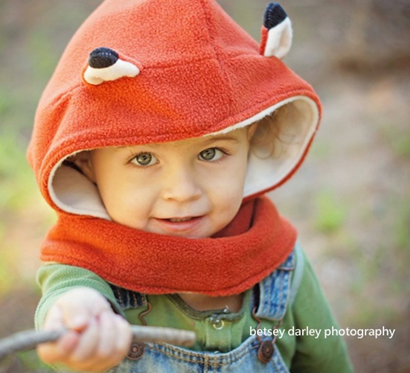 Italy Mondo Rotondo Neck + Hooded Design Little Fox Warm Hat 2-5 Years - ผ้ากันเปื้อน - วัสดุอื่นๆ สีแดง