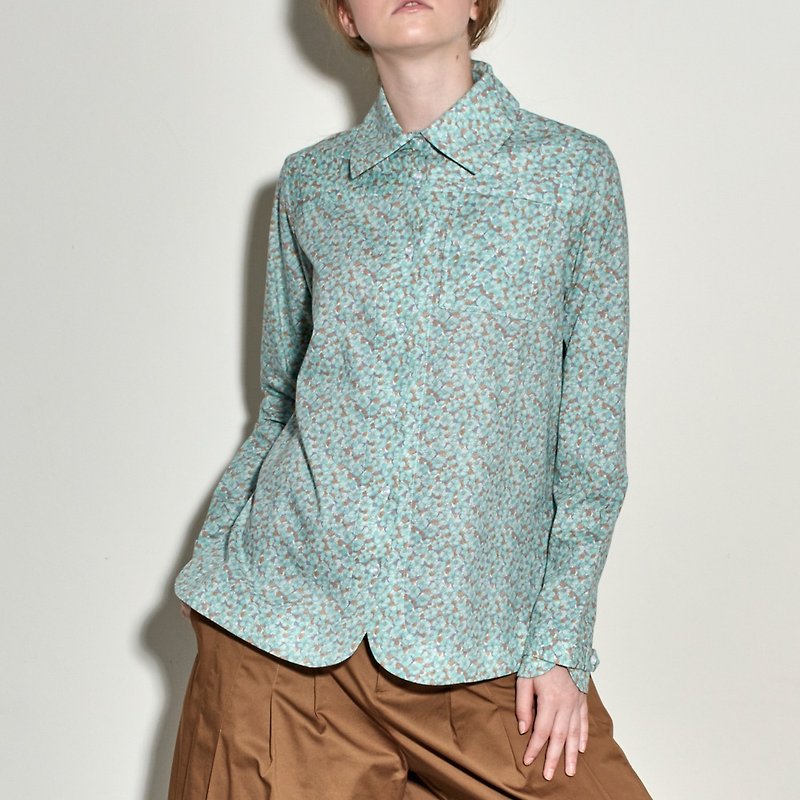 Green cotton printed long sleeve shirt - เสื้อเชิ้ตผู้หญิง - ผ้าฝ้าย/ผ้าลินิน สีเขียว