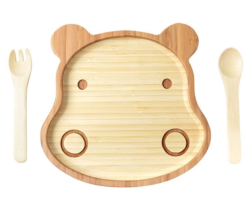 laboos natural bamboo children's tableware fat hippo sucker function stable adsorption desktop - Small Plates & Saucers - Bamboo Green