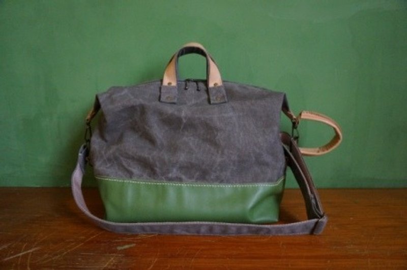 Canvas + leather grid small travel bag C (color lacks optional colors) - กระเป๋าถือ - หนังแท้ 