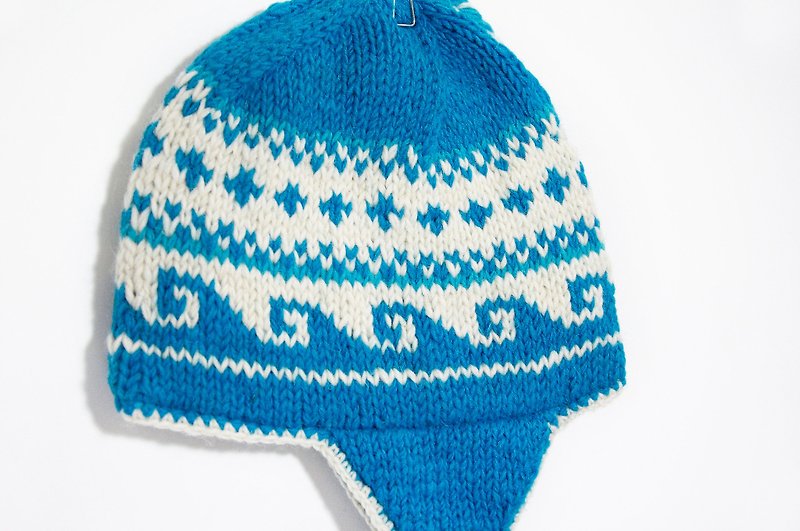 純粋な手織りのウールの帽子/ハンドキャップ/編みキャップ/フライトキャップ/ウールキャップの新年の贈り物 - ブルーウェーブトーテム（手作り限定版） - 帽子 - その他の素材 ブルー