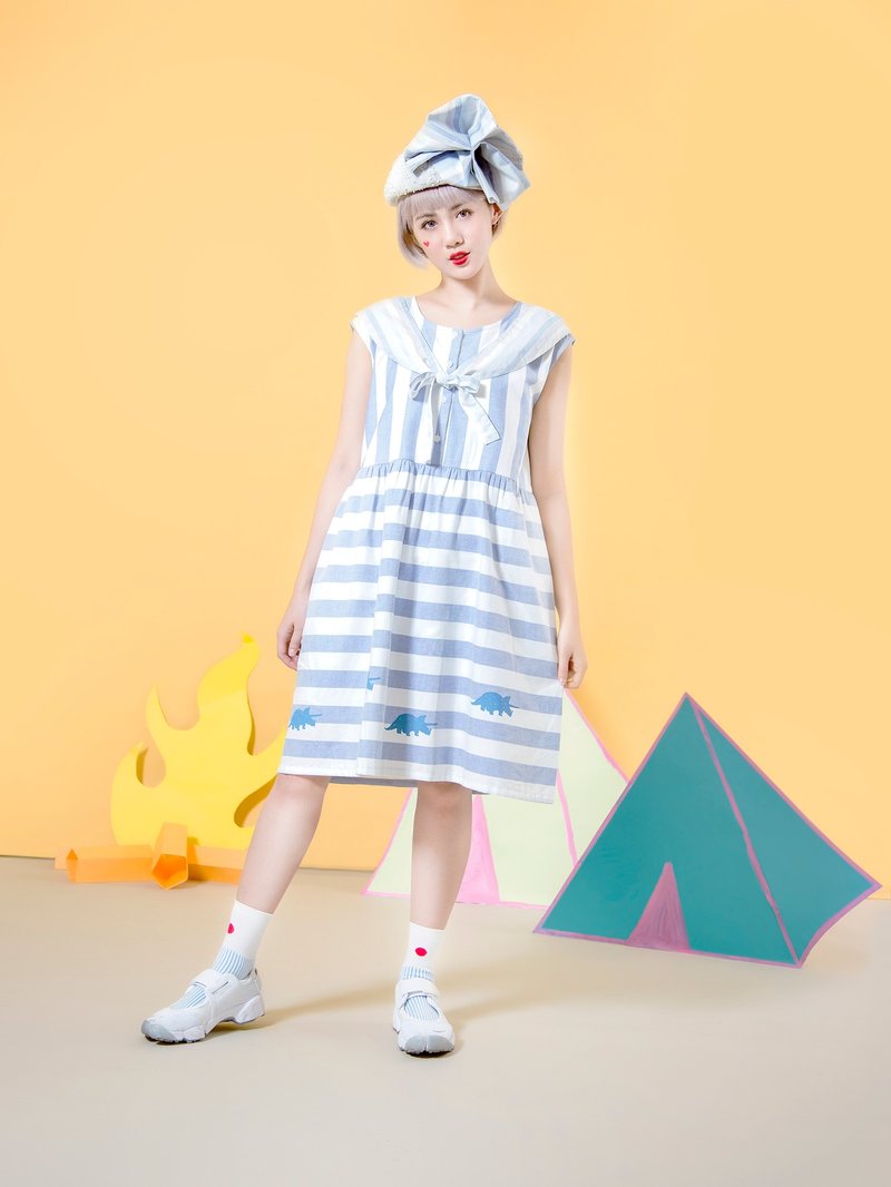 藍白大條紋恐龍領結洋裝 - 洋裝/連身裙 - 其他材質 藍色