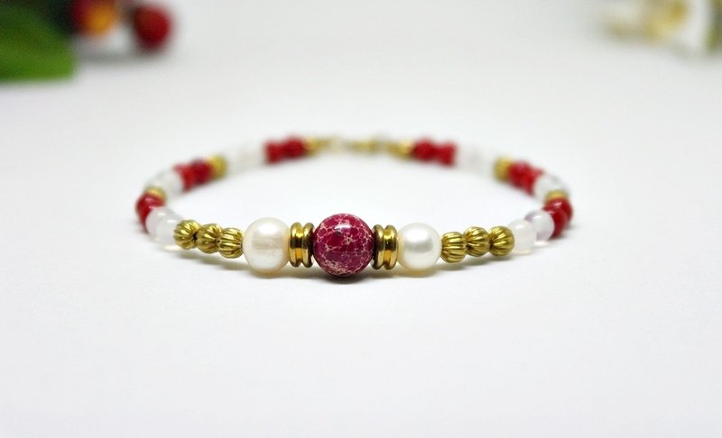 Natural stone x brass button bracelet can be changed _ Happiness Wong // // elastic bracelet # # # Emperor Chalcedony stone coral # # # # # Pearl - Bracelets - Gemstone Red