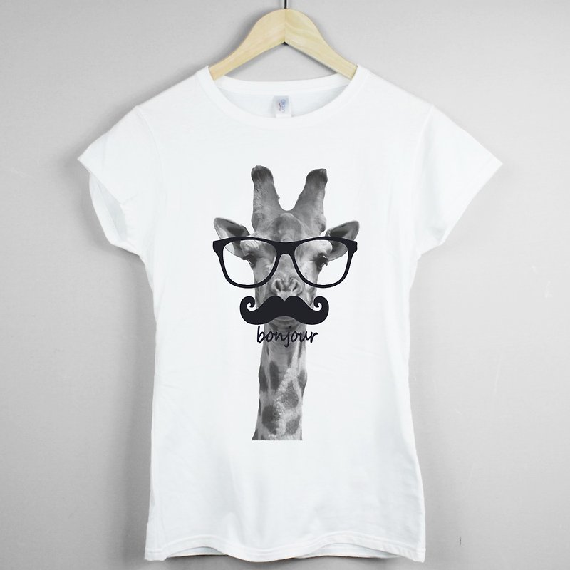 Giraffe-bonjour white gray t shirt - เสื้อยืดผู้หญิง - ผ้าฝ้าย/ผ้าลินิน ขาว