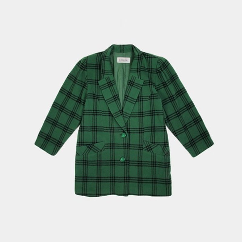 │moderato│日本製經典格紋vintage翻領古著毛呢西裝外套/古著.獨特.個性女孩.倫敦男孩.文藝青年.聖誕禮物 - 女大衣/外套 - 其他材質 綠色