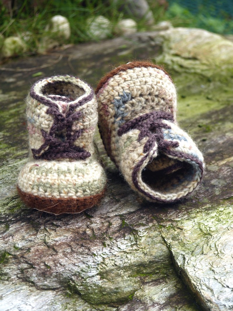 Handmade woven baby shoes ~ handsome boots series (beige green) - รองเท้าเด็ก - ขนแกะ สีกากี