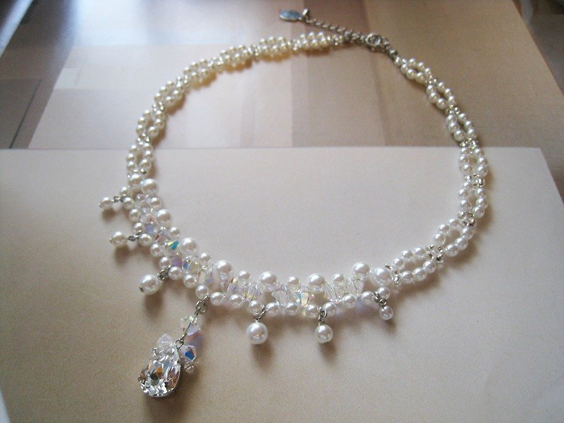 Silky Pearl & Crystal Drop Choker / JD : White Bridal* - Necklaces - Glass White