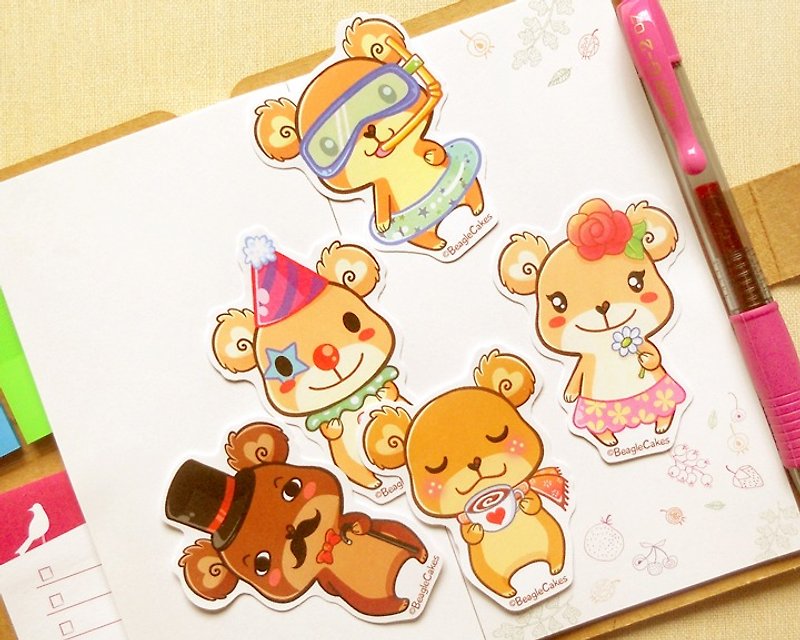 Cute Bear Stickers (5 Pieces) - Scrapbooking Stickers - Stickers for Planner - สติกเกอร์ - กระดาษ หลากหลายสี