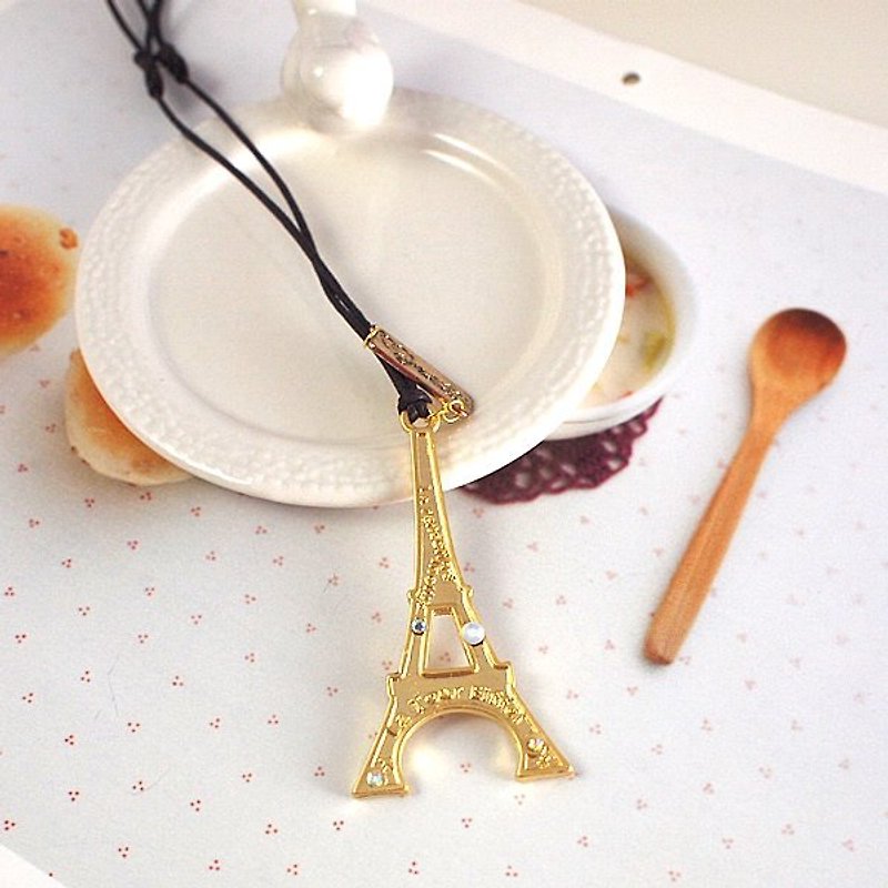 momolico peach Li can - handmade jewelry - gold Eiffel Tower imitation leather cord necklace - สร้อยคอ - โลหะ สีเหลือง
