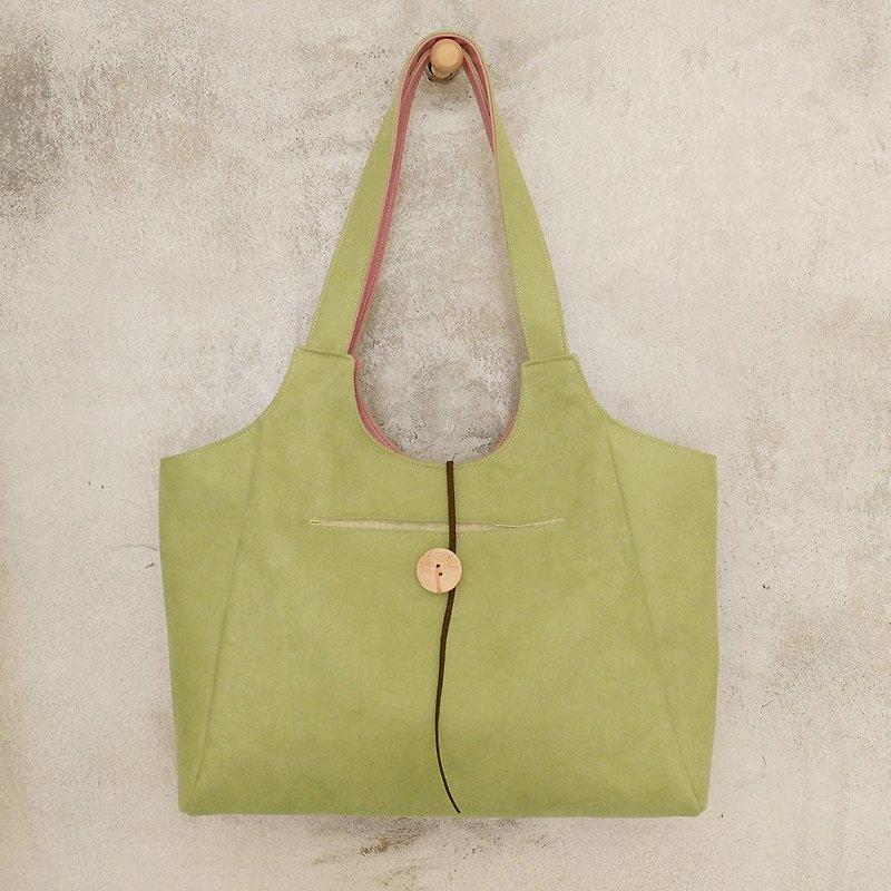 Duplex Eve turned face change color! Vs pale greenish suede + canvas with documents sealed on both sides painted wooden buckle shoulder bag - กระเป๋าแมสเซนเจอร์ - วัสดุอื่นๆ สีเขียว