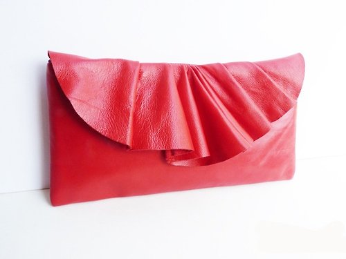 Ostara Leather Pleated Clutch Bag(S-size) in Red by Vicki From Europe