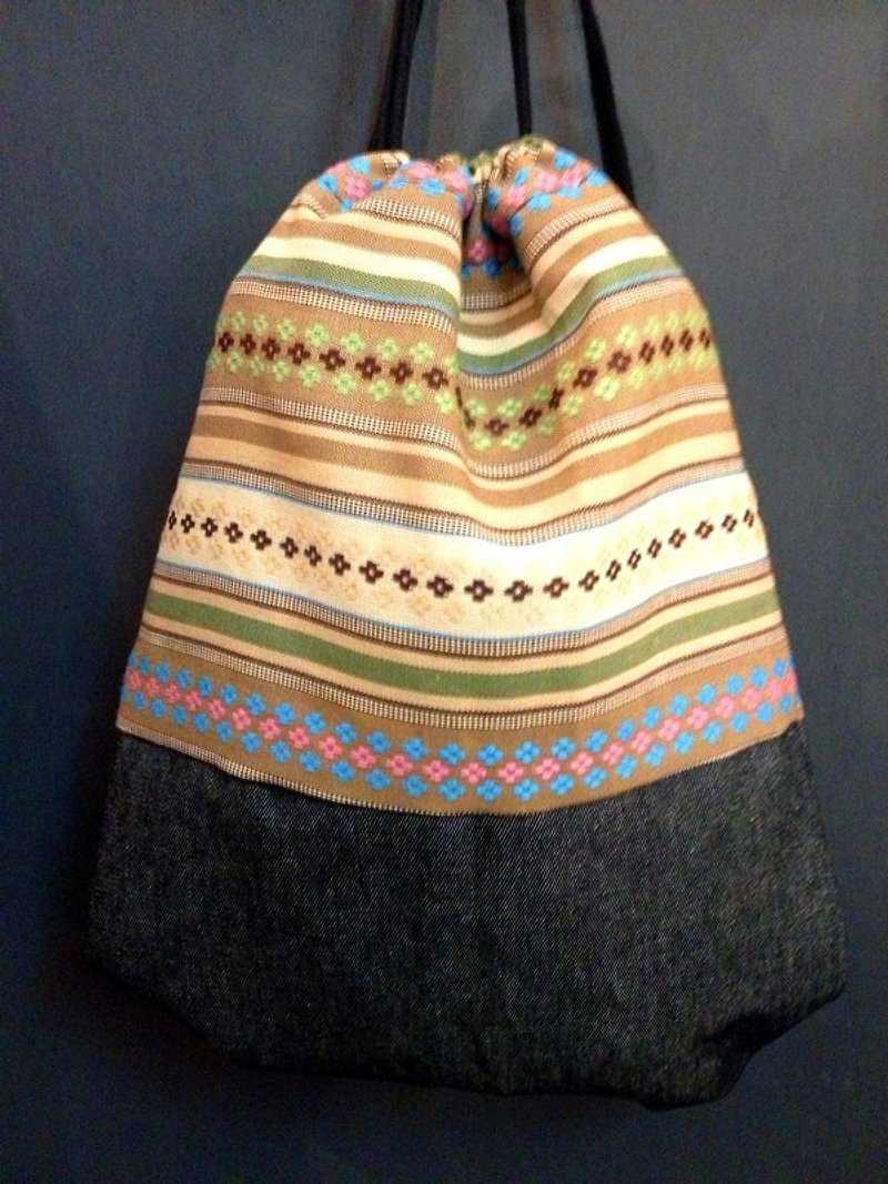 RABBIT LULU after Drawstring beam port Backpack. Weaving folk style totem. Khaki color stitching denim - Messenger Bags & Sling Bags - Other Materials Brown