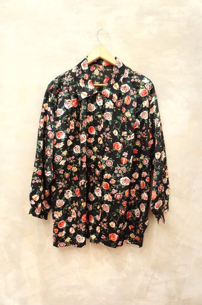 仿緞亮質 彩色花朵 長襯衫 Bea:Mon 古著 - Women's Shirts - Other Materials Black