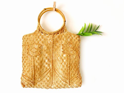 骨董包 美丽花朵 藤环手工麻编提袋 购物袋