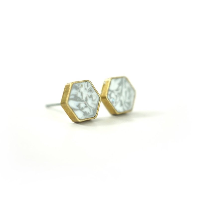 White Marble Bezel Brass Polymer Clay Stud Earrings - ต่างหู - ดินเหนียว ขาว