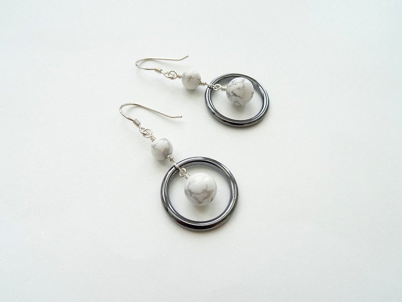Hematite Ring & Howlite Beads Circle Dangling Sterling Silver Earrings - Earrings & Clip-ons - Sterling Silver Gray