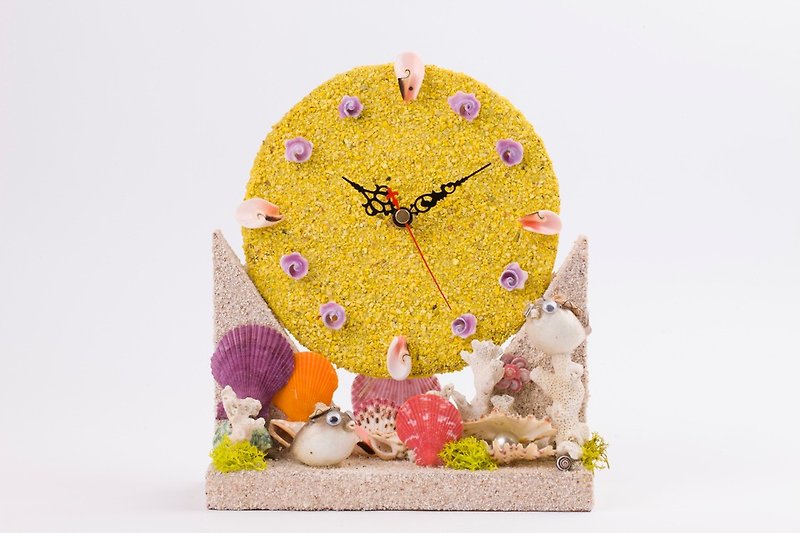 手作貝殼鐘 - 黃色 / 海洋風座鐘 - 時鐘/鬧鐘 - 木頭 黃色