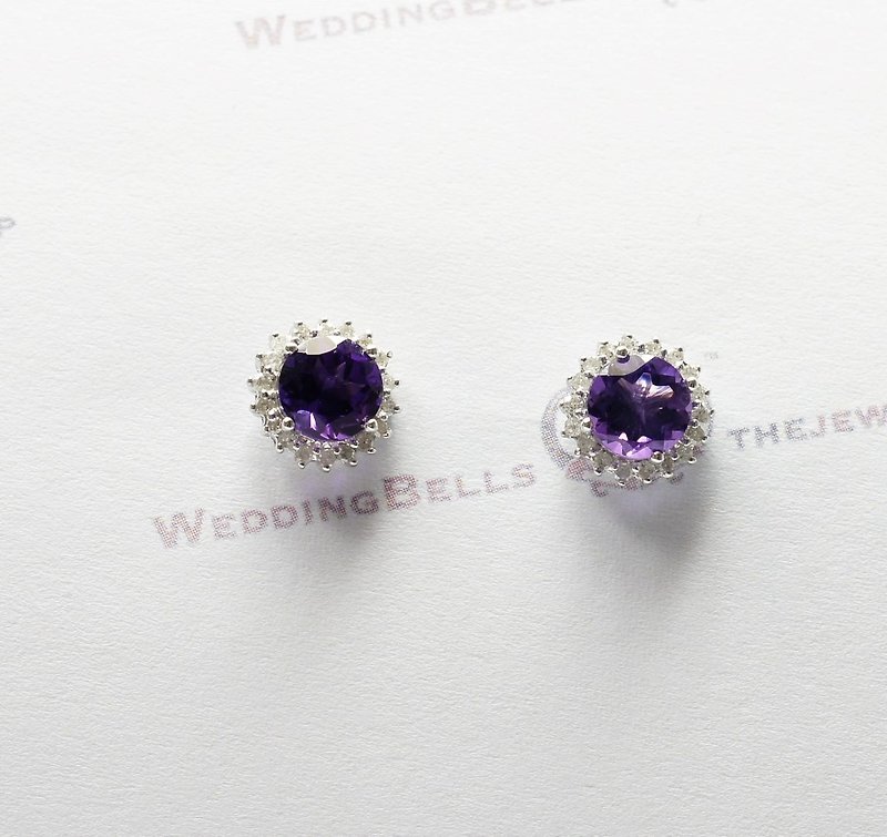 14K白金 圓形紫水晶 配鑽石耳環 / 耳針款 / 二月生日石 (免運費) - 耳環/耳夾 - 紙 紫色