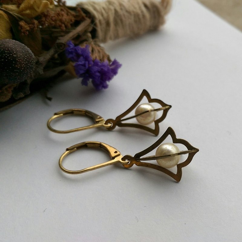 Minaret caged pearls brass earrings - Earrings & Clip-ons - Gemstone 