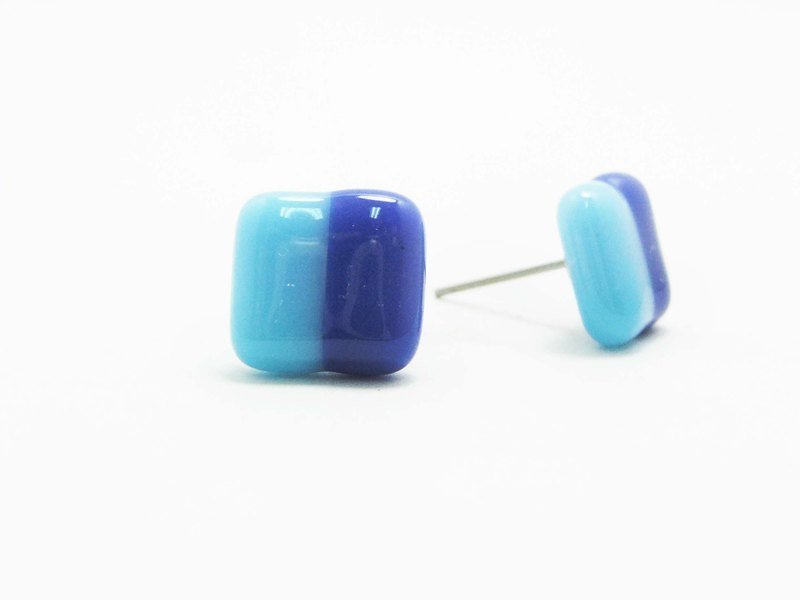 Square color glass earrings - light blue + sapphire - ต่างหู - แก้ว หลากหลายสี