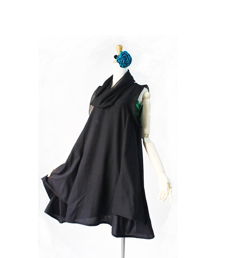 Black dress / classic black chiffon X black cotton / skirt dress - ชุดเดรส - ผ้าฝ้าย/ผ้าลินิน สีเขียว