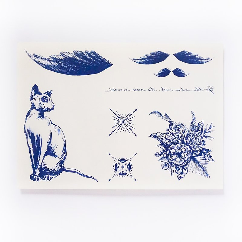LAZY DUO Spiritual Feather Cat Temporary Tattoo Stickers { SET 01 } - Temporary Tattoos - Paper Blue