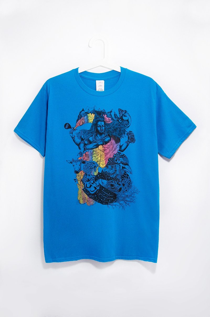 Men's Fitted Cotton Illustrator Tee / Travel T-Indian Dancing Shiva (Blue) - Men's T-Shirts & Tops - Cotton & Hemp Blue