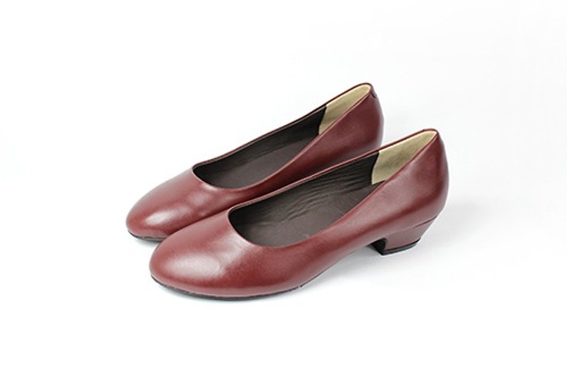 Burgundy all-match low heels - รองเท้าส้นสูง - หนังแท้ สีแดง