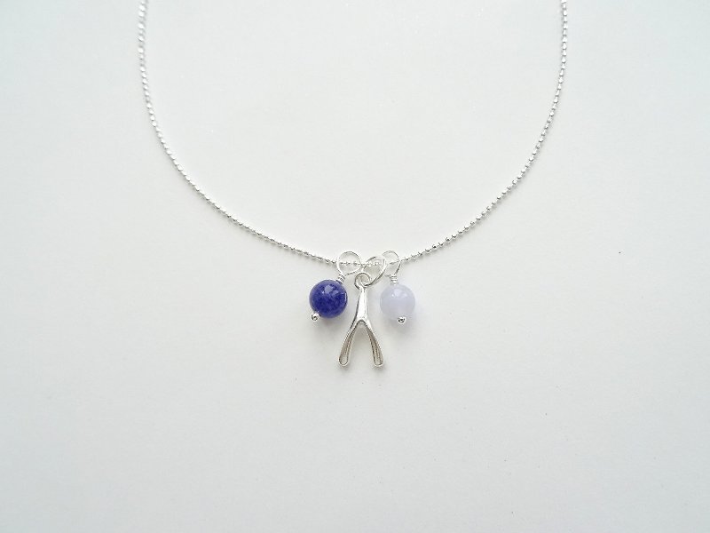 Sodalite & Blue Lace Agate Wishbone Sterling Silver Necklace - Blue - Necklaces - Sterling Silver Blue