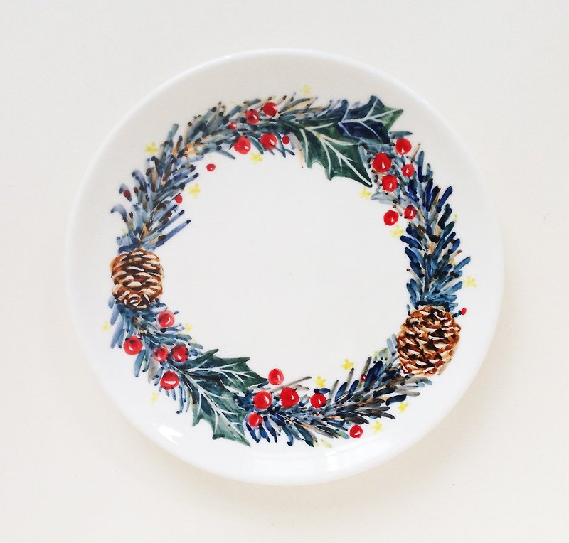 Hand-painted plate 7-inch cake pan - pine cones Christmas wreath - Small Plates & Saucers - Porcelain Green