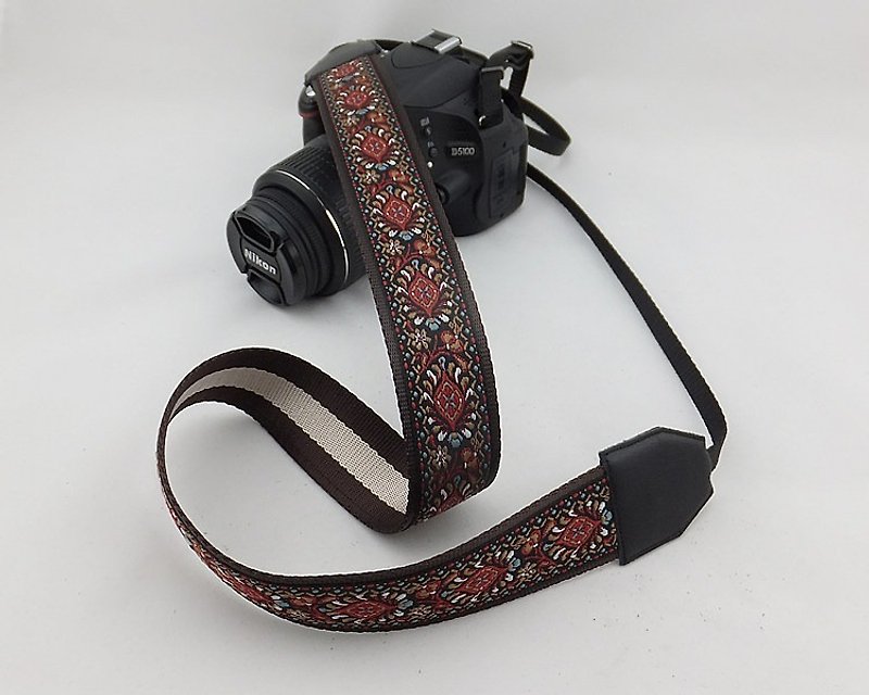 相機背帶 個性客製 可印字 真皮拼接 刺繡花紋  民族風045 - 相機帶/腳架 - 真皮 黑色