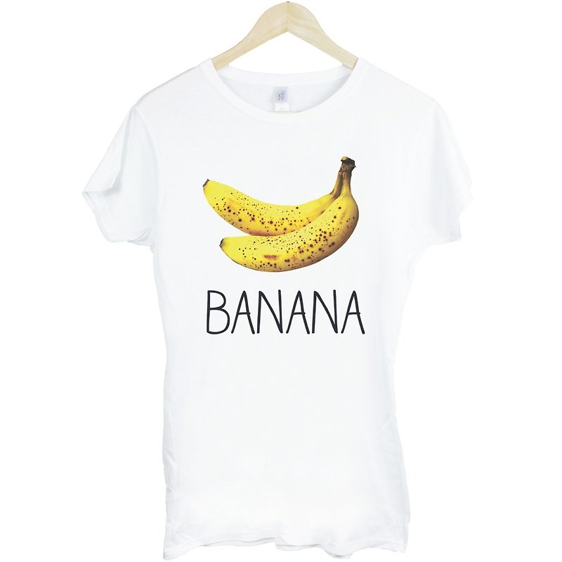 Banana-English Short Sleeve T-Shirt for Girls-White Banana English Text Qingqing New Fruit Food Design Homemade Brand - เสื้อยืดผู้หญิง - กระดาษ ขาว