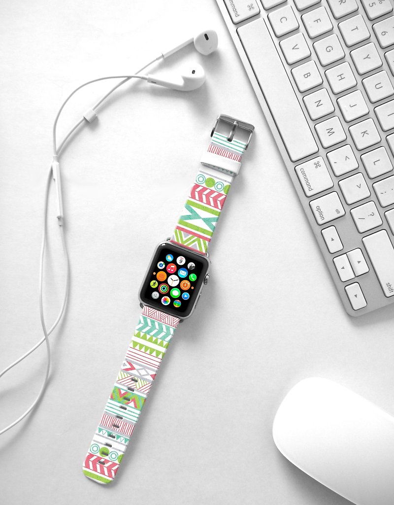 Apple Watch Series 1 , Series 2, Series 3 - Apple Watch 真皮手錶帶，適用於Apple Watch 及 Apple Watch Sport - Freshion 香港原創設計師品牌 - 薄荷綠部落圖紋  15 - 錶帶 - 真皮 