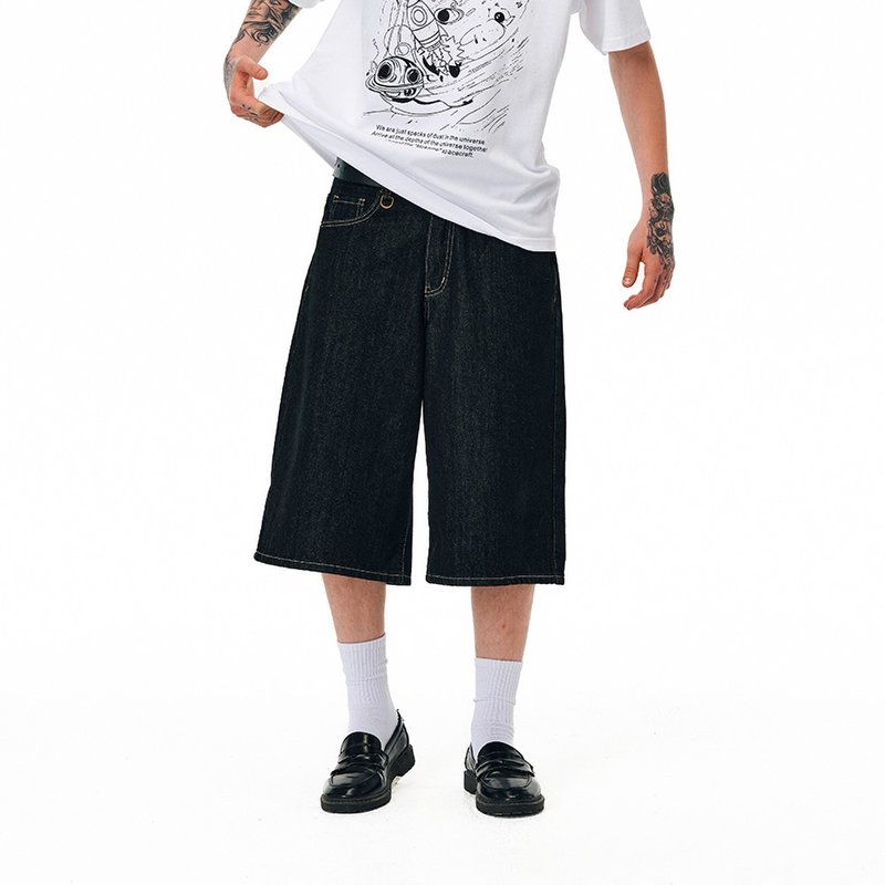 MOKACME 復古街頭百搭baggy七分褲寬松denim單寧牛仔中褲男女情侶 - 男短褲/工作短褲 - 棉．麻 