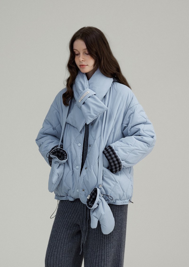 正反兩穿 北歐復古格紋肌理感棉服 - 女上衣/長袖上衣 - 其他材質 藍色