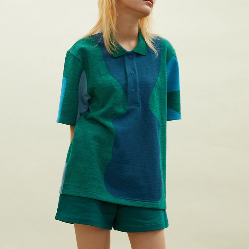 REVERIE Green flat knit polo shirt made with leftover threads (Cotton 100%) - Women's Shirts - Cotton & Hemp Green