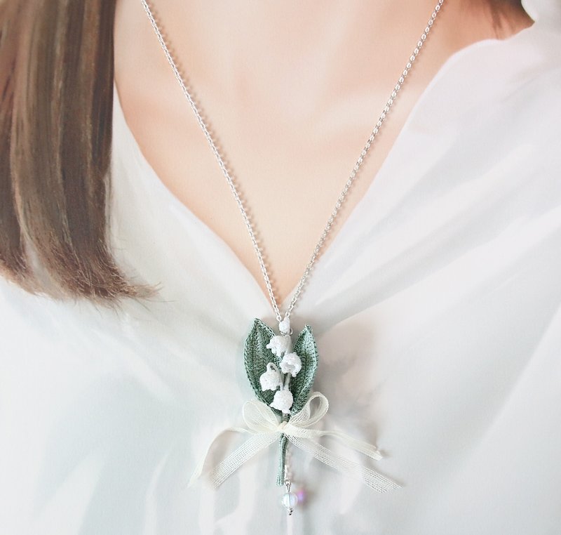 Lily of the valley necklace Mini/S finely woven Japanese wire new style easy to wear adjustable length with hanging beads - Necklaces - Thread White