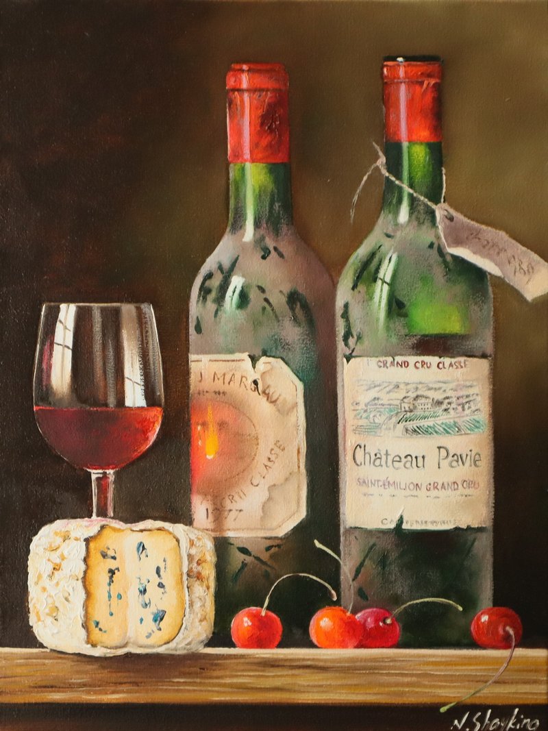 Wine Bottles Still Life Realistic Original Oil Painting Canvas, Cellar Wall Art - Wall Décor - Other Materials Multicolor